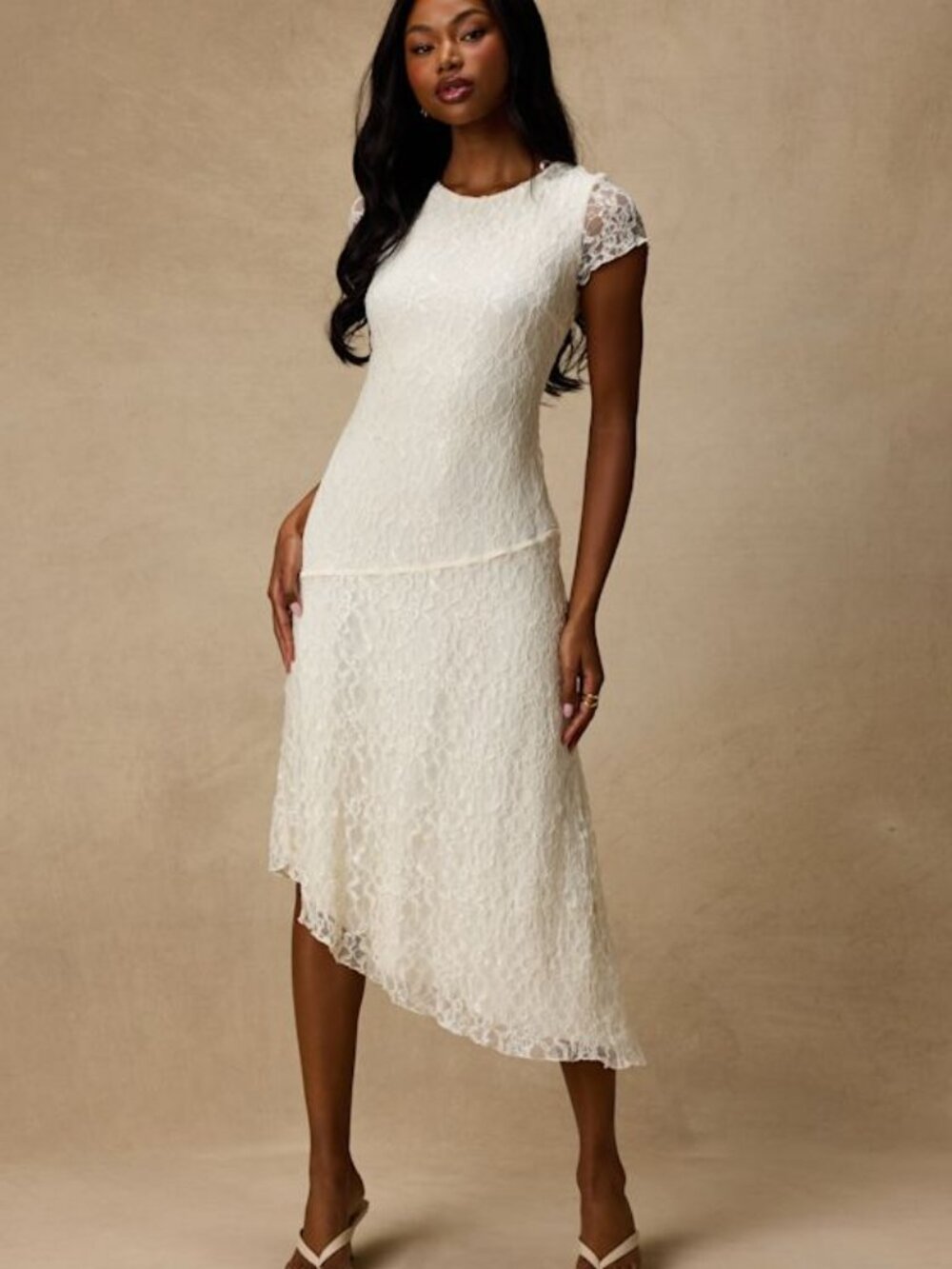 Lulus Madelina Ivory Lace Asymmetrical Midi Dress White - Size S
